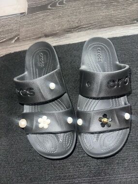 Crocs Women’s Black Slide Sandals with Pearl & Flower Charms- Size 8